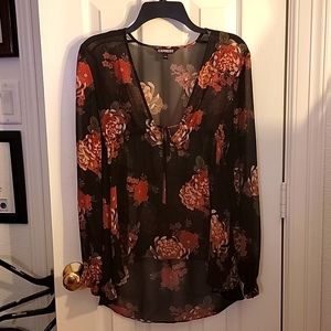 EXPRESS High-Low Black and Floral Sheer Blouse